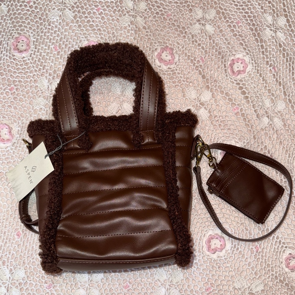 Aspen Brown Sherpa Mini Crossbody Tote Bag + Wallet NWT